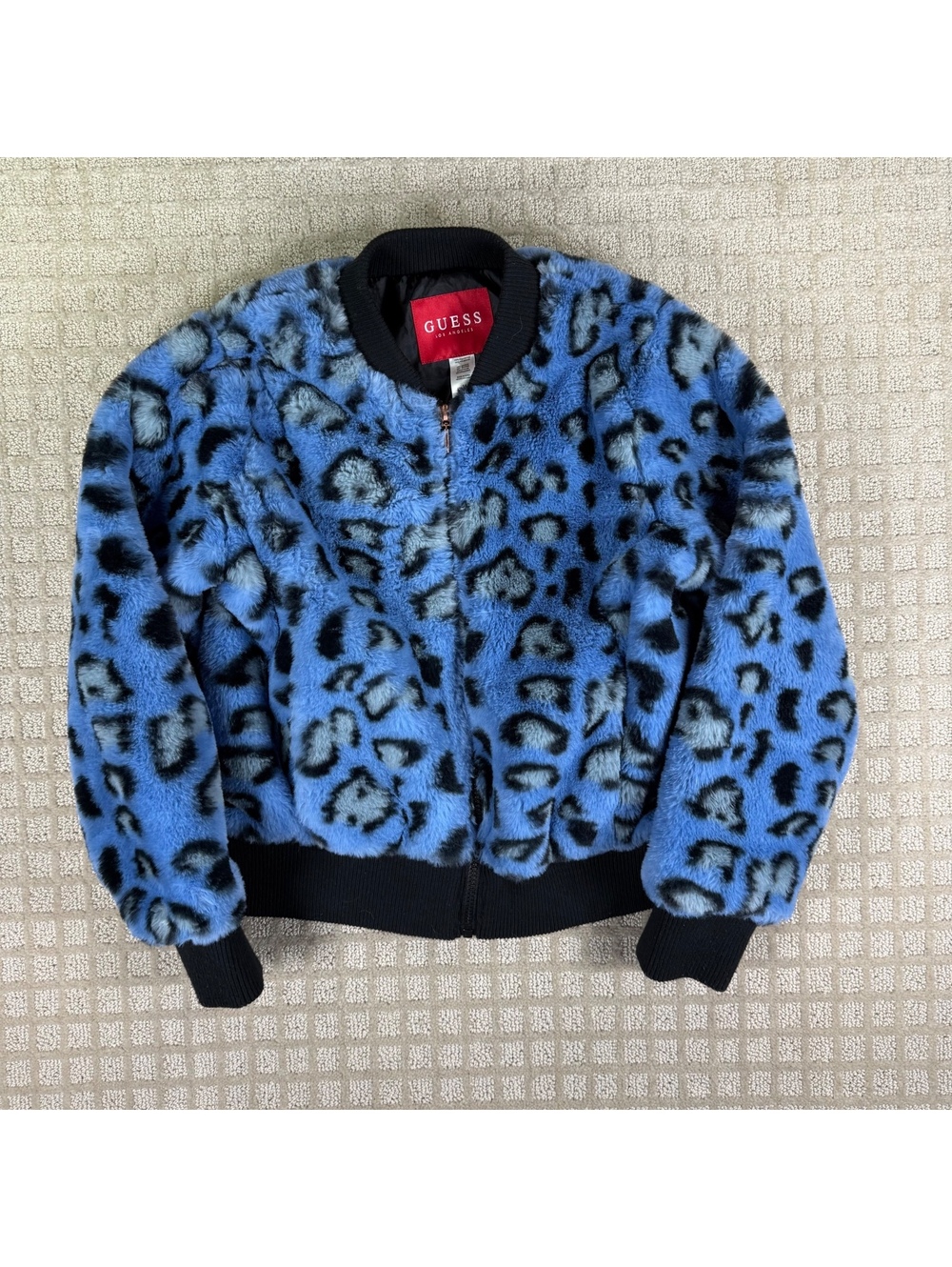 Guess Blue Leopard Faux Fur Bomber Jacket Youth Girls 14